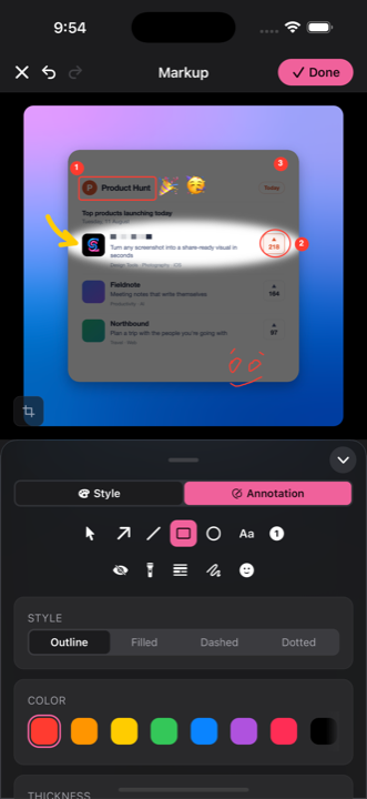 CandyMark annotation tools marking up a screenshot with arrows, counters, and a spotlight