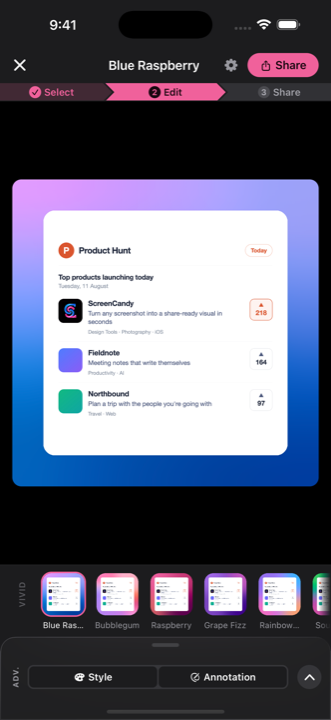 The look carousel with live preset thumbnails: Blue Raspberry, Bubblegum, Raspberry, Grape Fizz